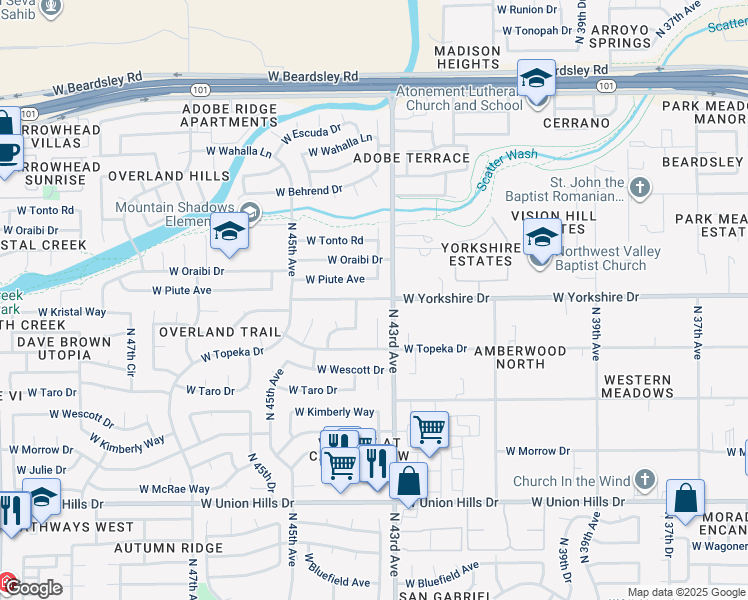 map of restaurants, bars, coffee shops, grocery stores, and more near 19237 North 44th Avenue in Glendale