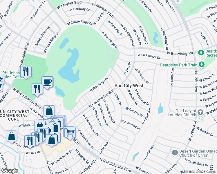 map of restaurants, bars, coffee shops, grocery stores, and more near 19654 North Camino Del Sol in Sun City West