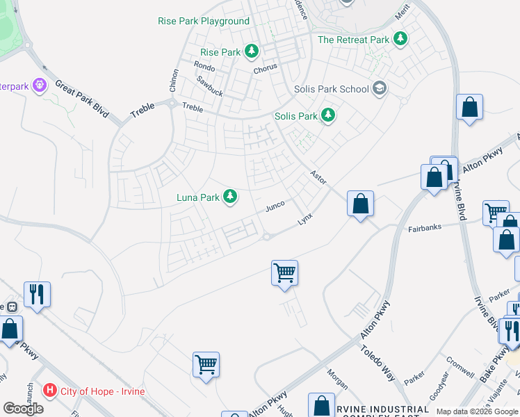 map of restaurants, bars, coffee shops, grocery stores, and more near Z Street in Irvine