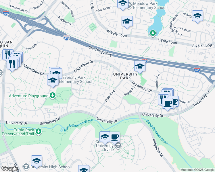 map of restaurants, bars, coffee shops, grocery stores, and more near 52 Oak Tree Lane in Irvine