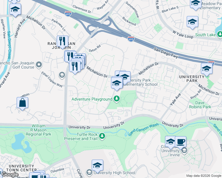 map of restaurants, bars, coffee shops, grocery stores, and more near 4552 Sandburg Way in Irvine