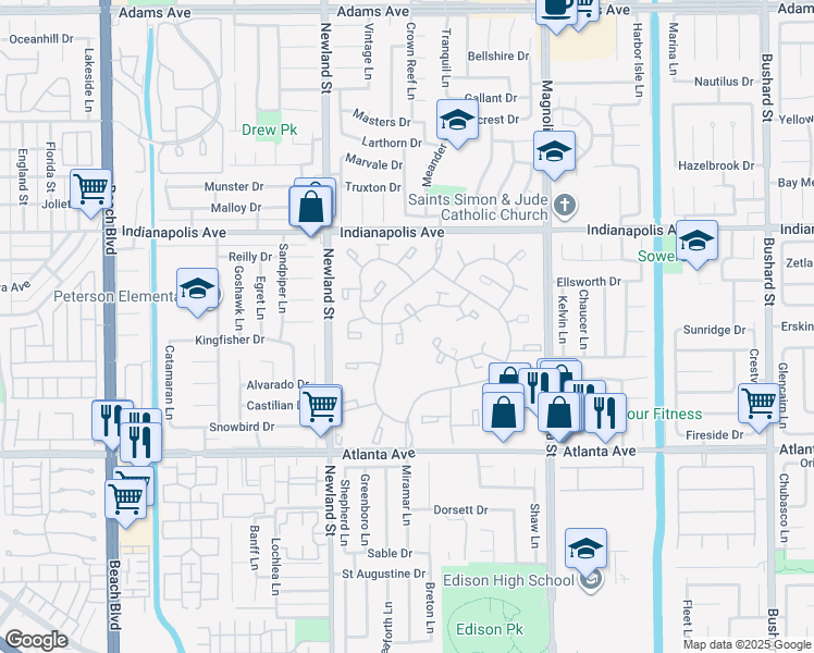 map of restaurants, bars, coffee shops, grocery stores, and more near 8766 Tulare Drive in Huntington Beach