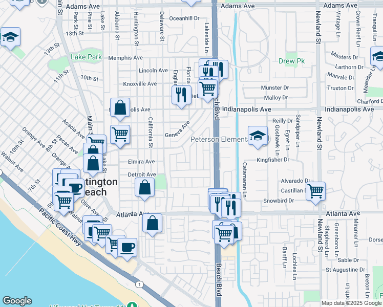 map of restaurants, bars, coffee shops, grocery stores, and more near 20701 Beach Boulevard in Huntington Beach