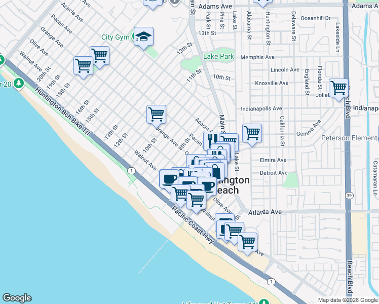 map of restaurants, bars, coffee shops, grocery stores, and more near 327 7th Street in Huntington Beach