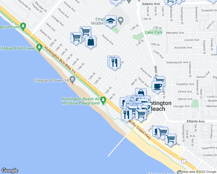 map of restaurants, bars, coffee shops, grocery stores, and more near 117 10th Street in Huntington Beach