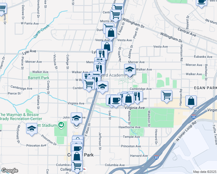 map of restaurants, bars, coffee shops, grocery stores, and more near 1728 Cambridge Avenue in Atlanta