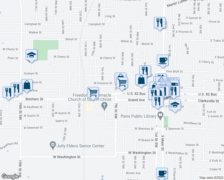 map of restaurants, bars, coffee shops, grocery stores, and more near 704 Bonham Street in Paris