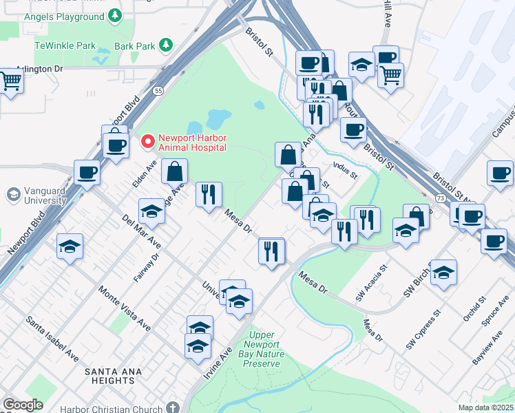map of restaurants, bars, coffee shops, grocery stores, and more near 20432 Santa Ana Avenue in Newport Beach