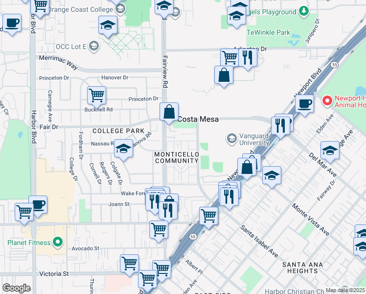 map of restaurants, bars, coffee shops, grocery stores, and more near 2418 Saratoga Way in Costa Mesa