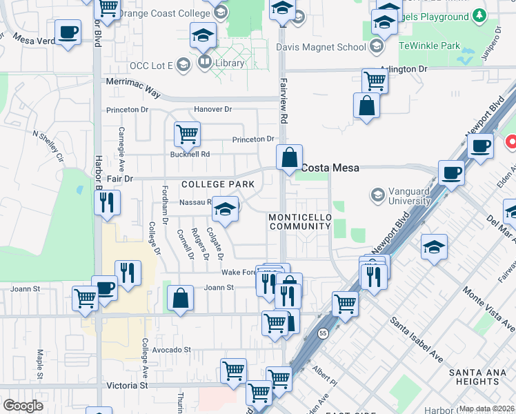 map of restaurants, bars, coffee shops, grocery stores, and more near 220 Loyola Road in Costa Mesa