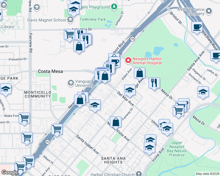 map of restaurants, bars, coffee shops, grocery stores, and more near 135 Del Mar Avenue in Costa Mesa