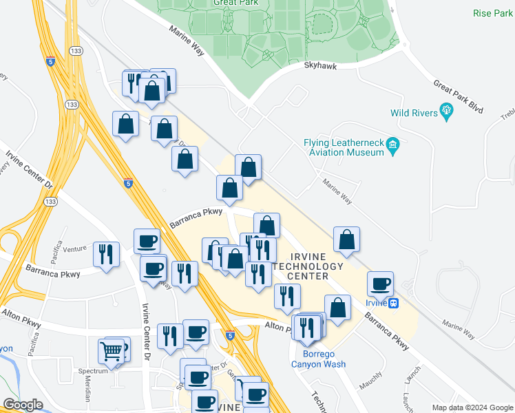 map of restaurants, bars, coffee shops, grocery stores, and more near 15375 Barranca Parkway in Irvine