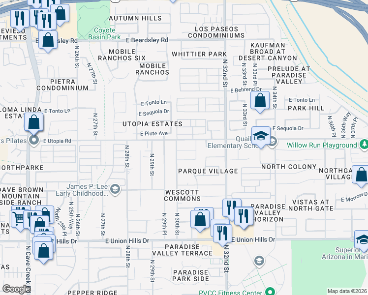 map of restaurants, bars, coffee shops, grocery stores, and more near 3014 East Kerry Lane in Phoenix