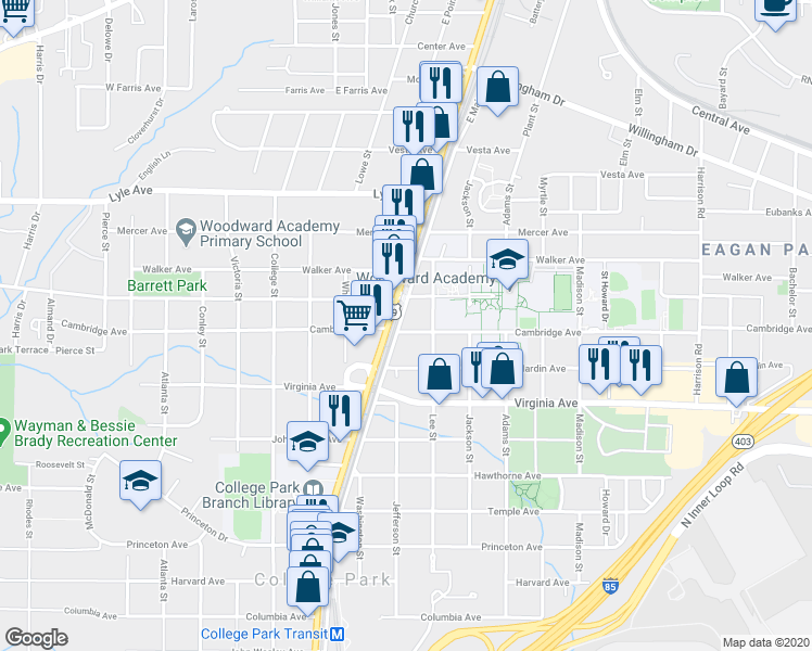 map of restaurants, bars, coffee shops, grocery stores, and more near 1745 Cambridge Avenue in College Park