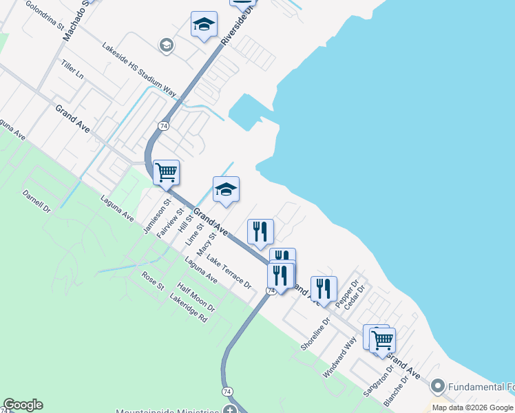 map of restaurants, bars, coffee shops, grocery stores, and more near 15682 Grand Avenue in Lake Elsinore