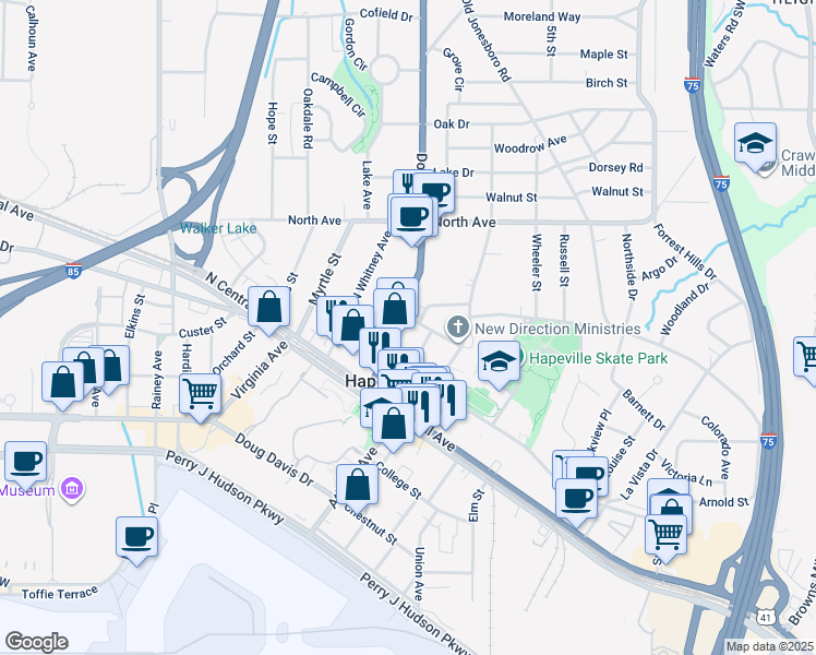 map of restaurants, bars, coffee shops, grocery stores, and more near 3396 Dogwood Drive in Hapeville