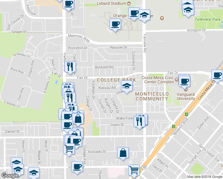 map of restaurants, bars, coffee shops, grocery stores, and more near 305 Nassau Road in Costa Mesa