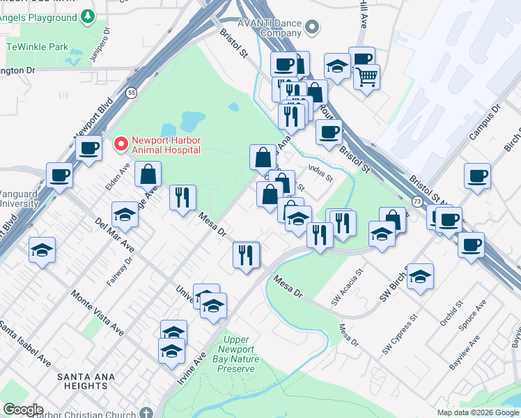 map of restaurants, bars, coffee shops, grocery stores, and more near 20304 Estuary Lane in Newport Beach