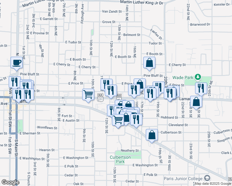 map of restaurants, bars, coffee shops, grocery stores, and more near 1249 Lamar Avenue in Paris