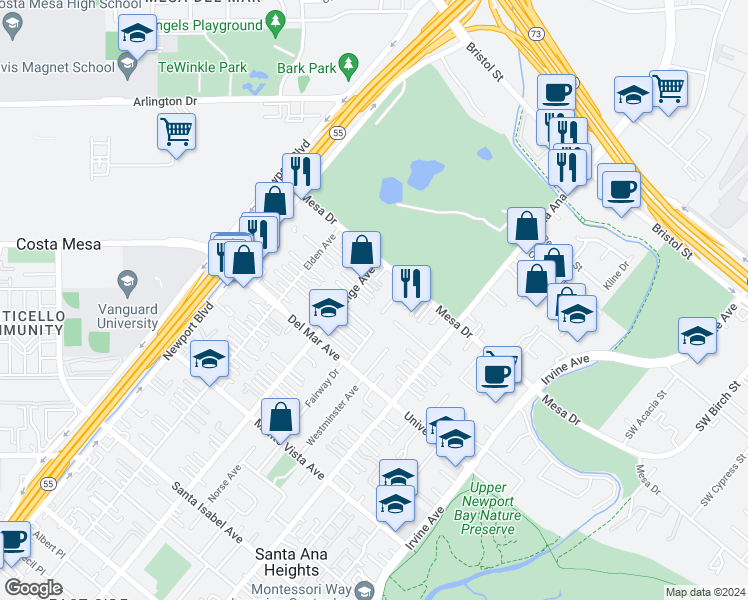 map of restaurants, bars, coffee shops, grocery stores, and more near 2666 Orange Avenue in Costa Mesa