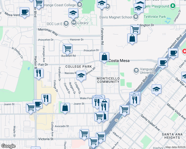 map of restaurants, bars, coffee shops, grocery stores, and more near 2395 Columbia Drive in Costa Mesa