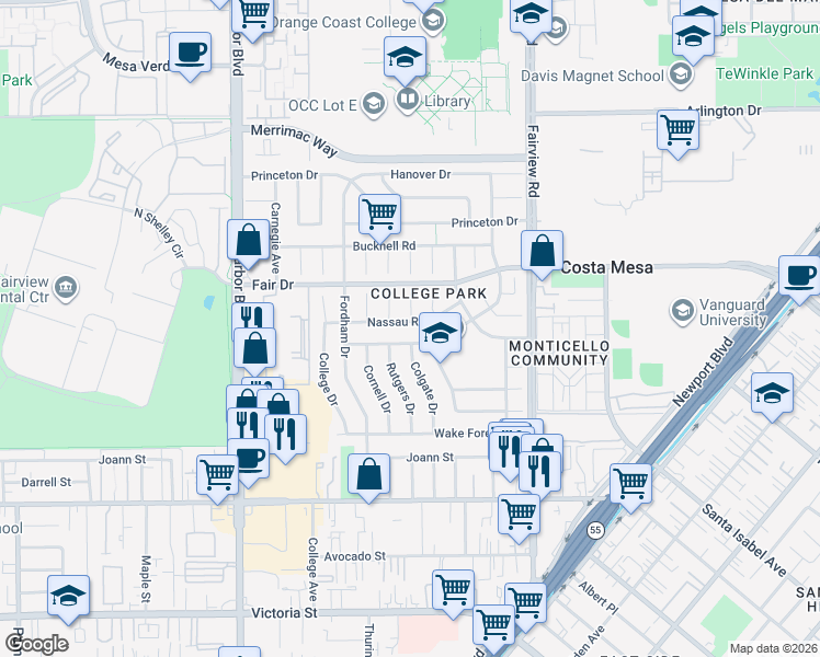 map of restaurants, bars, coffee shops, grocery stores, and more near 305 Nassau Road in Costa Mesa