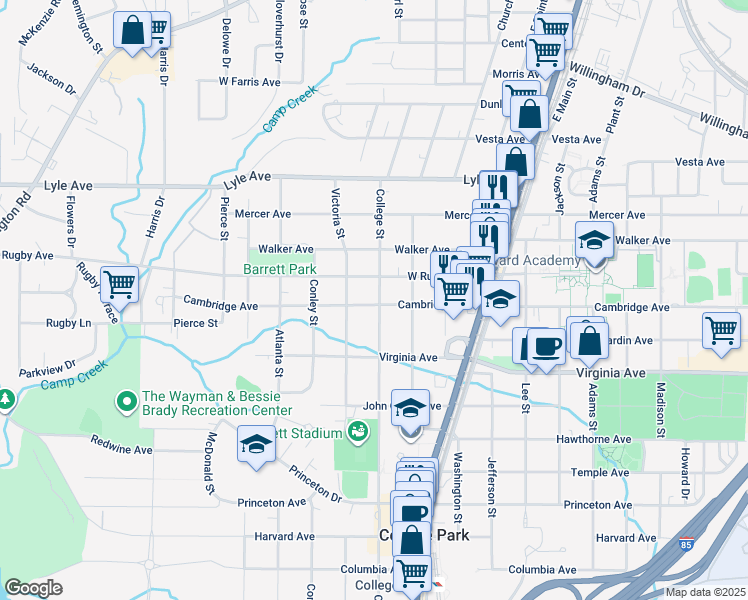 map of restaurants, bars, coffee shops, grocery stores, and more near 1907 Cambridge Avenue in Atlanta