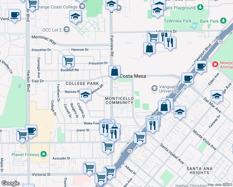 map of restaurants, bars, coffee shops, grocery stores, and more near 2401 Niagara Way in Costa Mesa