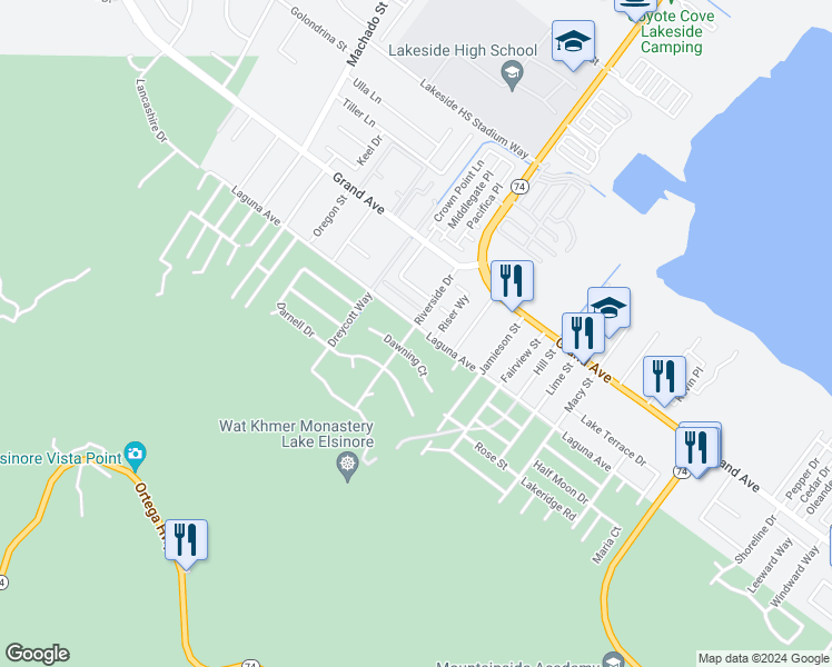 map of restaurants, bars, coffee shops, grocery stores, and more near 15248 Laguna Avenue in Lake Elsinore