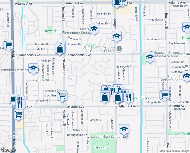 map of restaurants, bars, coffee shops, grocery stores, and more near 8855 Sutter Circle in Huntington Beach