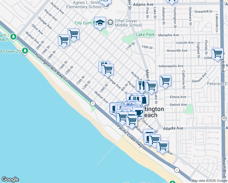 map of restaurants, bars, coffee shops, grocery stores, and more near 308 9th Street in Huntington Beach