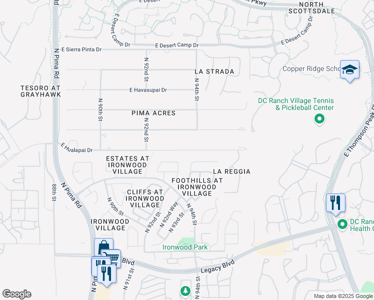 map of restaurants, bars, coffee shops, grocery stores, and more near East Hualapai Drive in Scottsdale