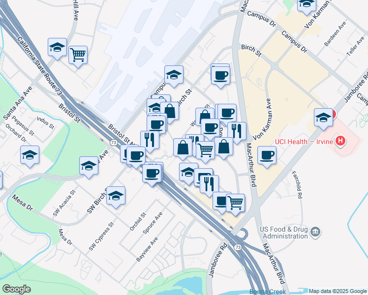 map of restaurants, bars, coffee shops, grocery stores, and more near 1500 Quail Street in Newport Beach