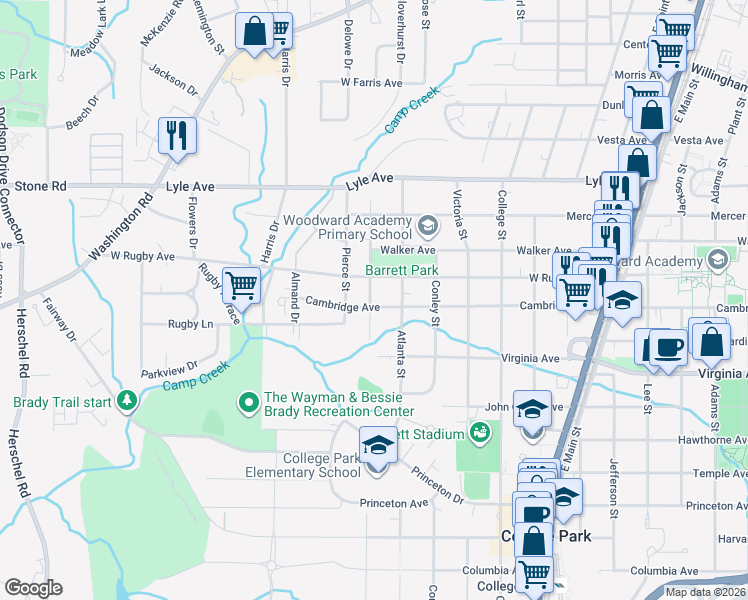 map of restaurants, bars, coffee shops, grocery stores, and more near 2040 Cambridge Avenue in College Park