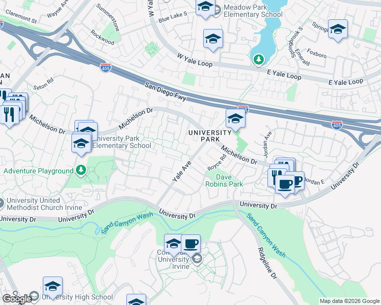 map of restaurants, bars, coffee shops, grocery stores, and more near 75 Willow Tree Lane in Irvine