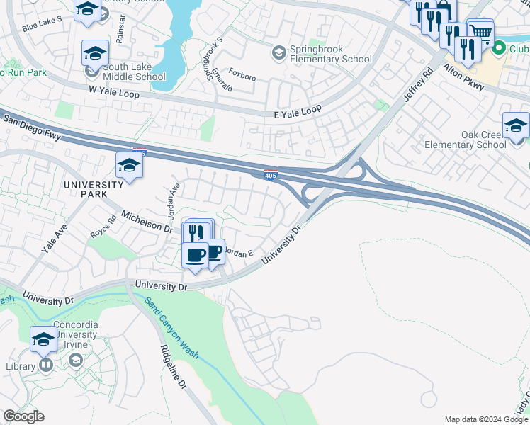 map of restaurants, bars, coffee shops, grocery stores, and more near 15 Camphor South in Irvine