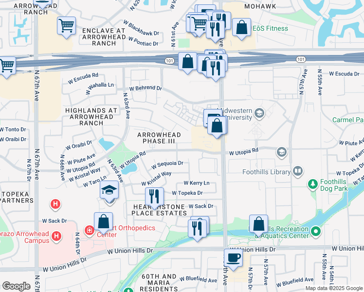 map of restaurants, bars, coffee shops, grocery stores, and more near 19418 North 60th Avenue in Glendale