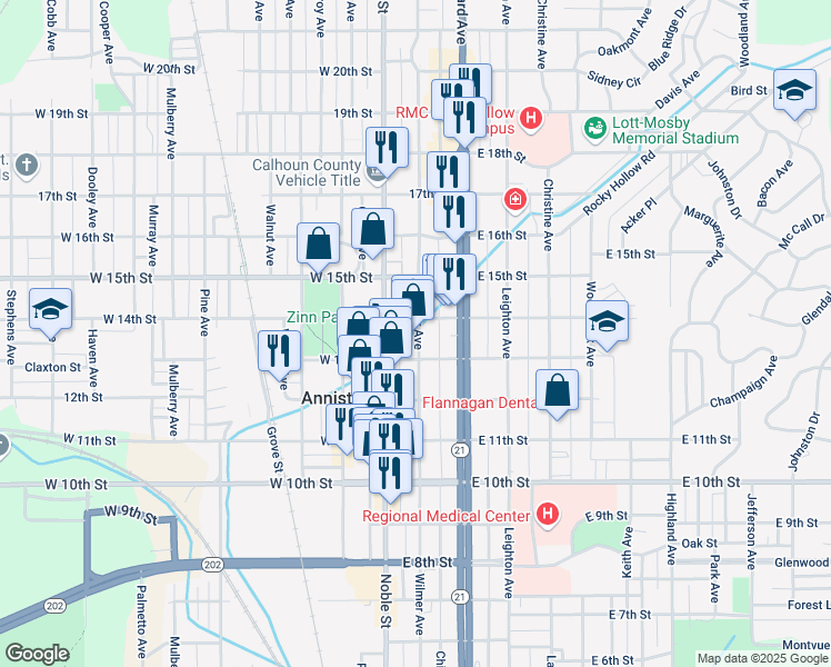map of restaurants, bars, coffee shops, grocery stores, and more near 103 East 13th Street in Anniston