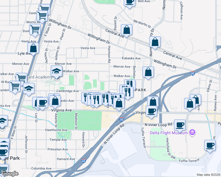 map of restaurants, bars, coffee shops, grocery stores, and more near 3439 Lee Street in East Point