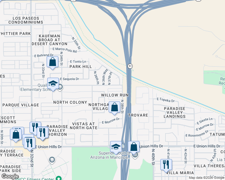 map of restaurants, bars, coffee shops, grocery stores, and more near 3727 East Kristal Way in Phoenix