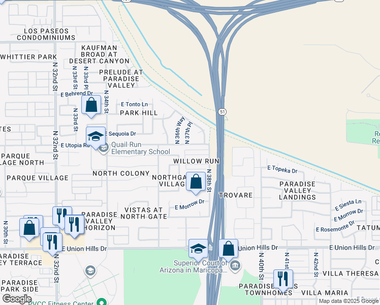 map of restaurants, bars, coffee shops, grocery stores, and more near 3727 East Kristal Way in Phoenix