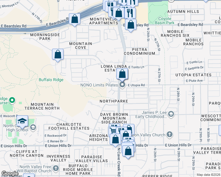 map of restaurants, bars, coffee shops, grocery stores, and more near 19226 North Cave Creek Road in Phoenix