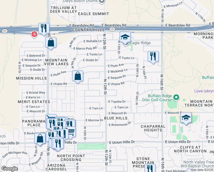 map of restaurants, bars, coffee shops, grocery stores, and more near 19221 North 11th Place in Phoenix