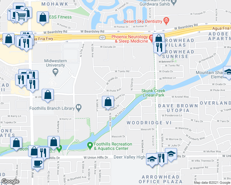 map of restaurants, bars, coffee shops, grocery stores, and more near 5351 West Kerry Lane in Glendale