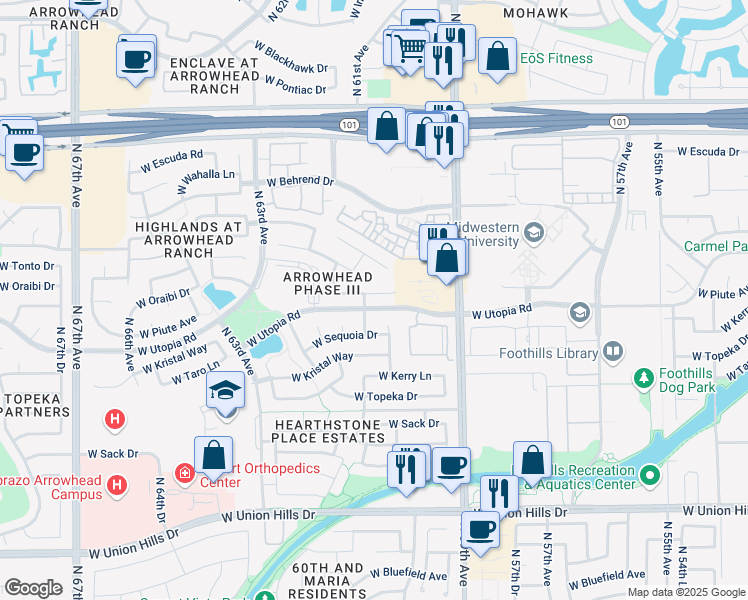map of restaurants, bars, coffee shops, grocery stores, and more near 19418 North 60th Avenue in Glendale
