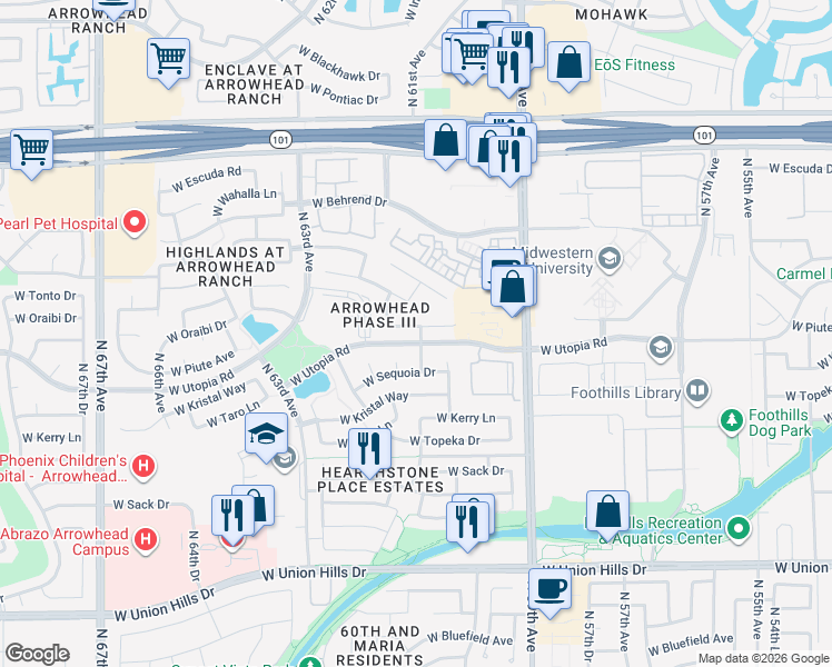 map of restaurants, bars, coffee shops, grocery stores, and more near 19420 North 61st Avenue in Glendale