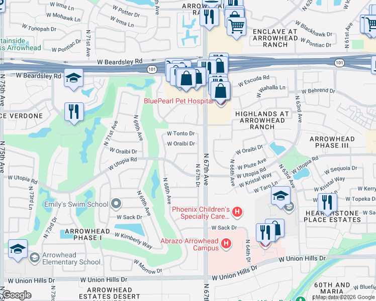 map of restaurants, bars, coffee shops, grocery stores, and more near 6721 West Piute Avenue in Glendale