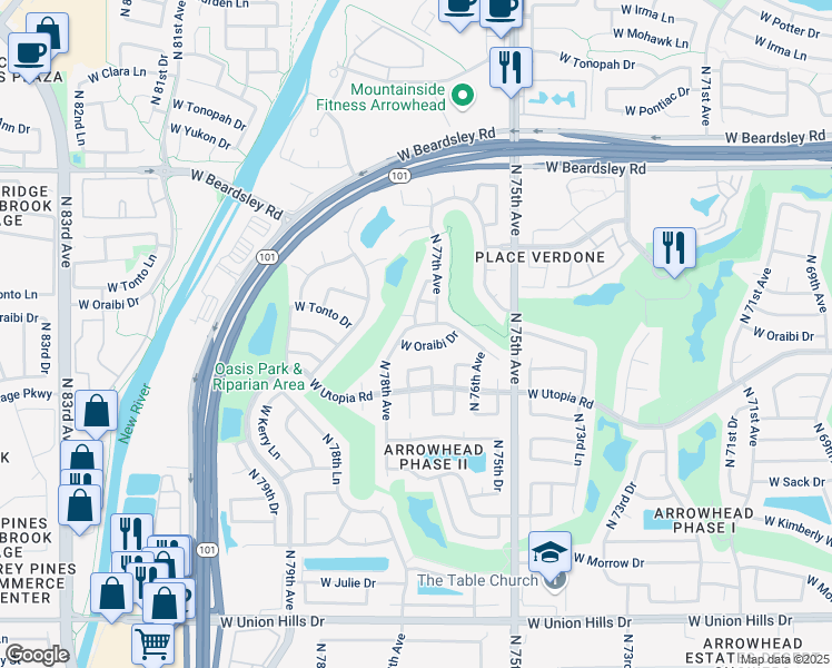 map of restaurants, bars, coffee shops, grocery stores, and more near 7720 West Oraibi Drive in Glendale