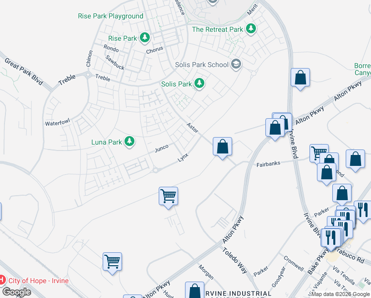 map of restaurants, bars, coffee shops, grocery stores, and more near 7453-8499 Marine Way in Irvine