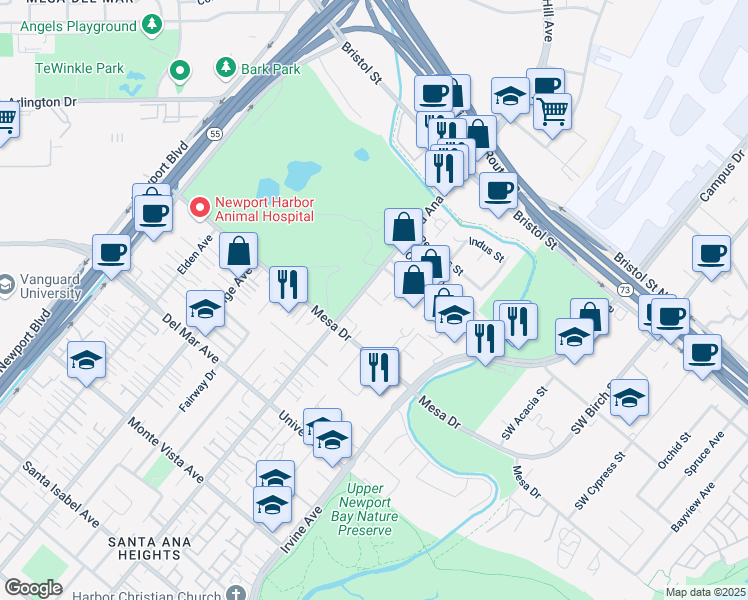 map of restaurants, bars, coffee shops, grocery stores, and more near 20432 Santa Ana Avenue in Newport Beach